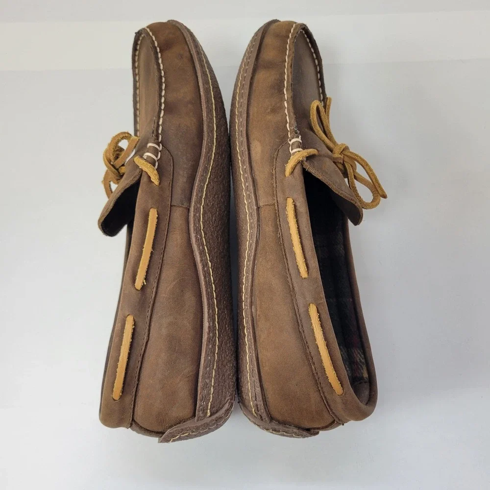 LL Bean Mens Brown‎ Leather Moccasin Slippers Cozy Plaid Lined Size 9
